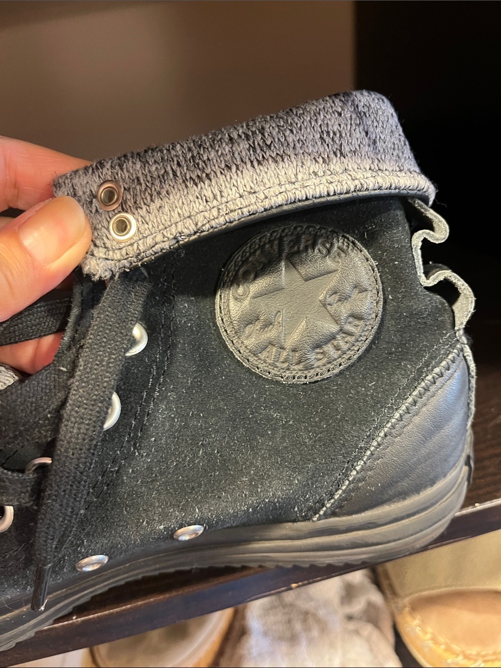 Converse Black High-Top Sneaker with Gray Knit Cuff and leather details